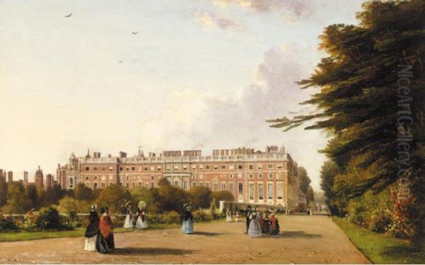 Hampton Court Palace, With Elegant Company Promenading In The Foreground - view 1
