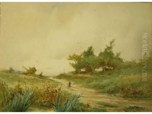 River Landscape With Sailingboat, Watercolour With Bodycolour