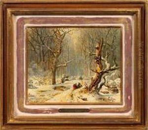 Verschneiter Winterwaldmit Figuren Auf Einem Weg