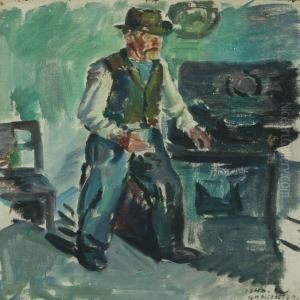 Interior With A Man By The Stove by Knud Ove Hilkier