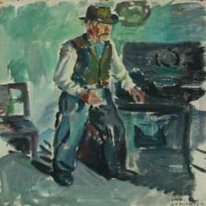 Interior With A Manby The Stove by Knud Ove Hilkier