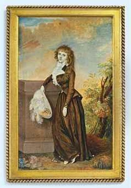 Mrs Robert Graham, Full-length In A Landscape, Leaning Against Astone Pillar, In Brown Riding Habit, Frilled White Cravat, Holdinga Cream Hat With White Plumes In Her Right Hand - view 1