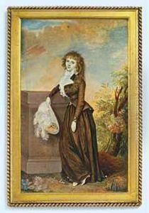 Mrs Robert Graham, Full-length In A Landscape, Leaning Against Astone Pillar, In Brown Riding Habit, Frilled White Cravat, Holdinga Cream Hat With White Plumes In Her Right Hand