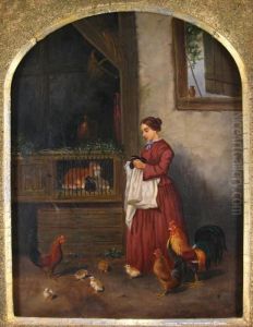 Courtyard Scene With Woman, Rabbits And Chickens