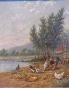 Chickens And Roosters In A River Landscape