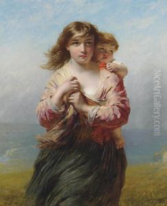 Mother And Child On A Hillside Overlooking The Sea by James John Hill