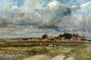 An Estuary Scene At Low Tide, With Village Beyond