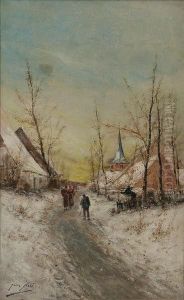 Winters Dorpsgezicht Met Personagesbij Kerk by Jean Hill