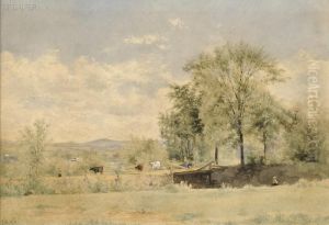 Drover And Cattle Crossing A Wooden Bridge by John William Hill