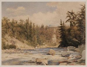 River With Figureamong The Rocks by John William Hill