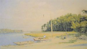Estuary/shoreline With Figures And Boats by John William Hill