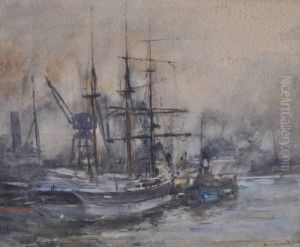 Busy Docklandsscene by Rowland Henry Hill