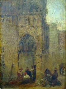 Figures Gathered Beneath The Cloisters Of A Church