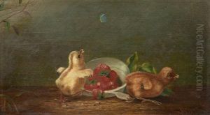 Two Chicks, Butterfly And A Bowl Of Strawberries by Thomas Hill