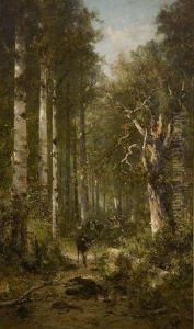 Deer Walking On Wooded Path by Thomas Hill