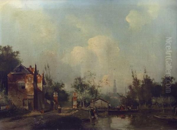 Hollandische Dorfstrase Am Kleinen Kanal, Mit Personenstaffage - view 1