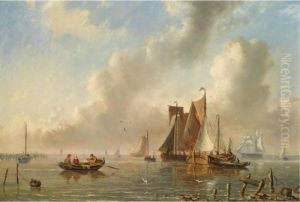 Sailing Vessels In An Estuary by Adrianus David Hilleveld