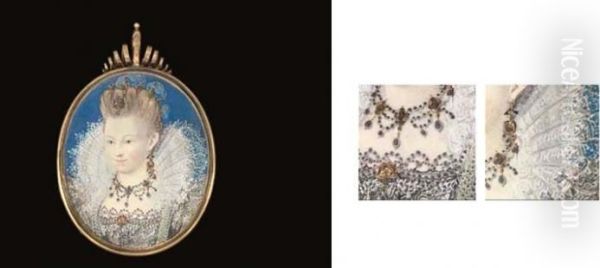 A Young Lady Called Lady Arabella Stuart (1575-1615), In Grey-embroidered Lace Dress With High-standing White Lace Collar, Gold And Drop-pearl Pendant Fastened At Corsage, Gold And Pearl Necklace, Drop-pearl And Gold Earring Adorned With Black Ribbon, Gol - view 1