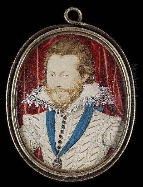 Henry Wriothesely, 3rd Earl Of Southampton (1573-1624), Wearing White Doublet Slashed And Pinked To Reveal Gold, Gold-edged Jewelled Buttons, Starched Lace-edged High Ruff, Blue Sash And Order Of The Lesser George Suspended From His Neck, Crimson Curt - view 1