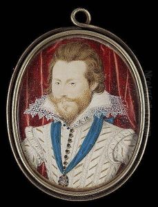 Henry Wriothesely, 3rd Earl Of Southampton (1573-1624), Wearing White Doublet Slashed And Pinked To Reveal Gold, Gold-edged Jewelled Buttons, Starched Lace-edged High Ruff, Blue Sash And Order Of The Lesser George Suspended From His Neck, Crimson Curt by Nicholas Hilliard