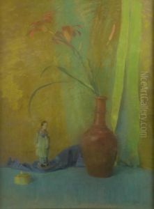 Lilies In A Vase With Figurine by Laura Coombs Hills