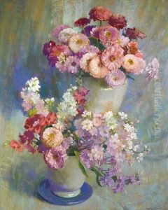 Zinnias In A Green Bowl by Laura Coombs Hills