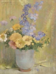 Yellow Zinnias And Larkspur by Laura Coombs Hills