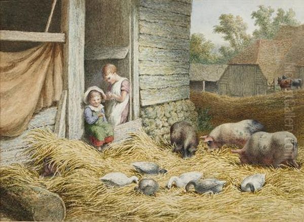 Farmyard Scene With Pigs And Ducks And Children Looking On by Robert Hills