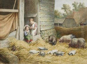 Farmyard Scene With Pigs And Ducks And Children Looking On