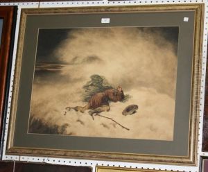 Winter Landscape With An Exhausted Figure Falling On Snow-covered Ground