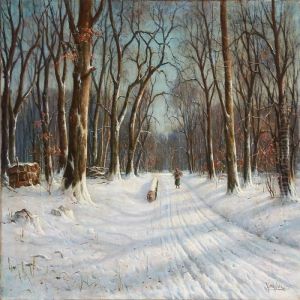 Snowy Forest Road With A Woman Carrying Firewood by Hans Hilsoe