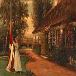 A Woman Hoist The Danish Flag In A Garden