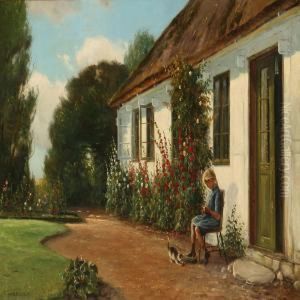 Summer Idyll At A Farmer House With A Little Girl Doing Herneedlework by Hans Hilsoe