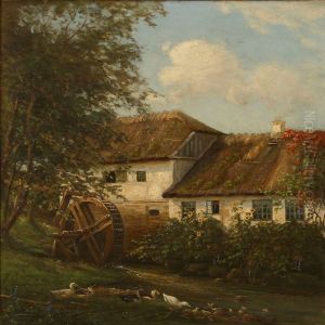 Summer Idyll With Ducks Near A Watermill by Hans Hilsoe