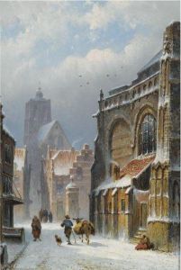 A Snow Covered Street In Zaltbommel, The Grote Kerk In Thebackground by Eduard Alexander Hilverdink