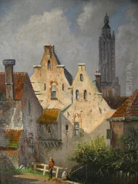 Eduard Alexander Hilverdink, Dutch, 1846-1891, 'fishing Along Townstream', Oil On Panel, Signed Lower Left 'e.a. Hilverdink Ft'(tsc800) - view 1