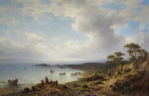 A Mediterranean Coastal Scene With Fishing Boats In A Bay And Figures Resting In The Foreground