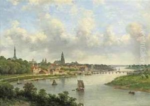 View Of A Riverside Town by Johannes Hilverdink