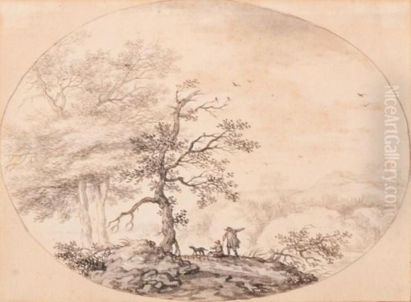 Two Resting Vagabonds And Their Dog In A Landscape - view 1