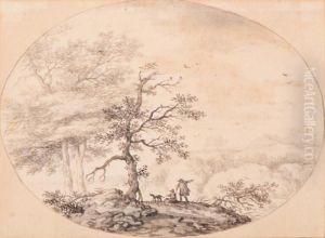 Two Resting Vagabonds And Their Dog In A Landscape