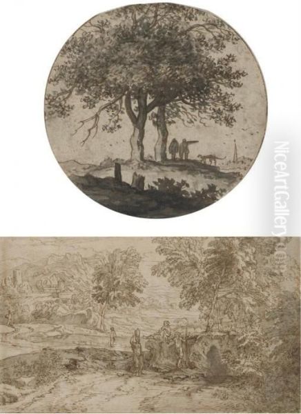 Two Figures With A Dog Beside Two Trees - view 1