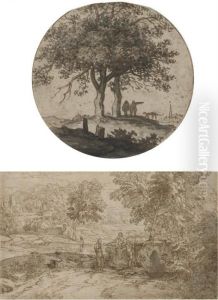 Two Figures With A Dog Beside Two Trees by Aernout Ter Himpel