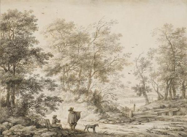 A Wooded Landscape With Two Men And A Dog Near A Road - view 1