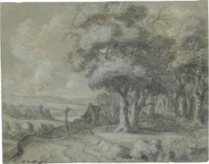 Panoramic Landsape With A House By Woods To The Right, A Cross And Distant Village To The Left by Aernout Ter Himpel