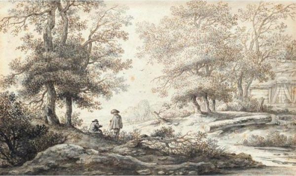 Wooded Landscape With Two Figures Resting By A Stream - view 1