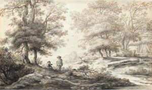 Wooded Landscape With Two Figures Resting By A Stream by Aernout Ter Himpel