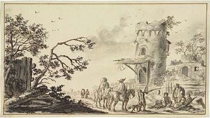 Landscape With Figures Resting Near A Tower by Aernout Ter Himpel
