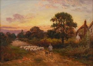 A Shepherd And His Flock On A Lane At Sunset by Richard George Hinchcliffe