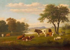Cows And Sheep By A Stream by Thomas Hewes Hinckley
