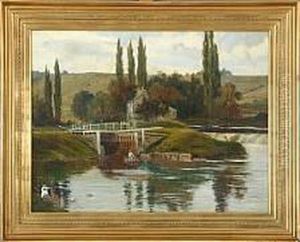 Scene From A Floodgate With Figures, In The Foreground Swans And Woman In A Boat by Alfred Hindorf